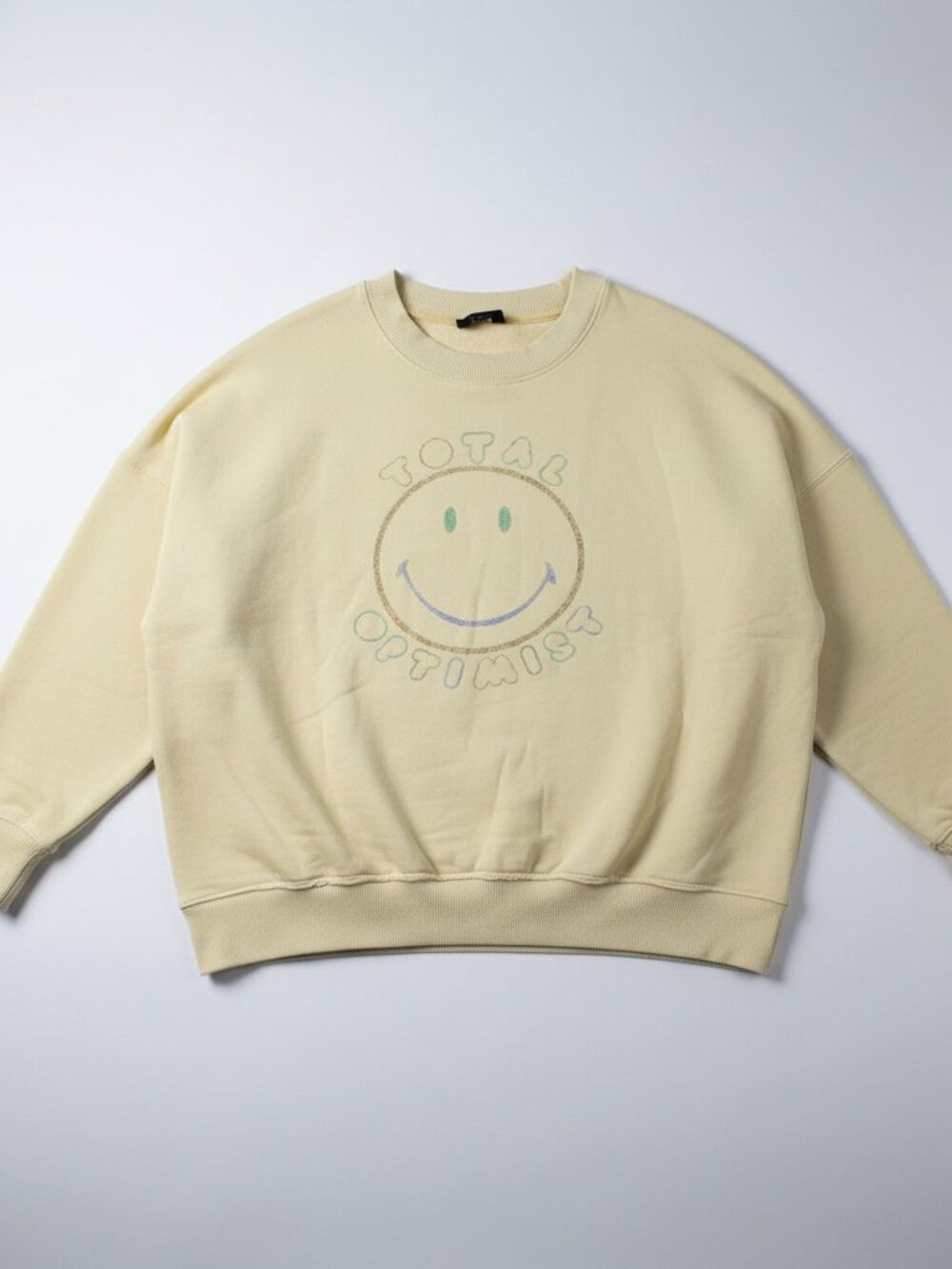 Aerie Oversized Crewneck Sweatshirt "Total Optimist" Yellow Smiley Face L